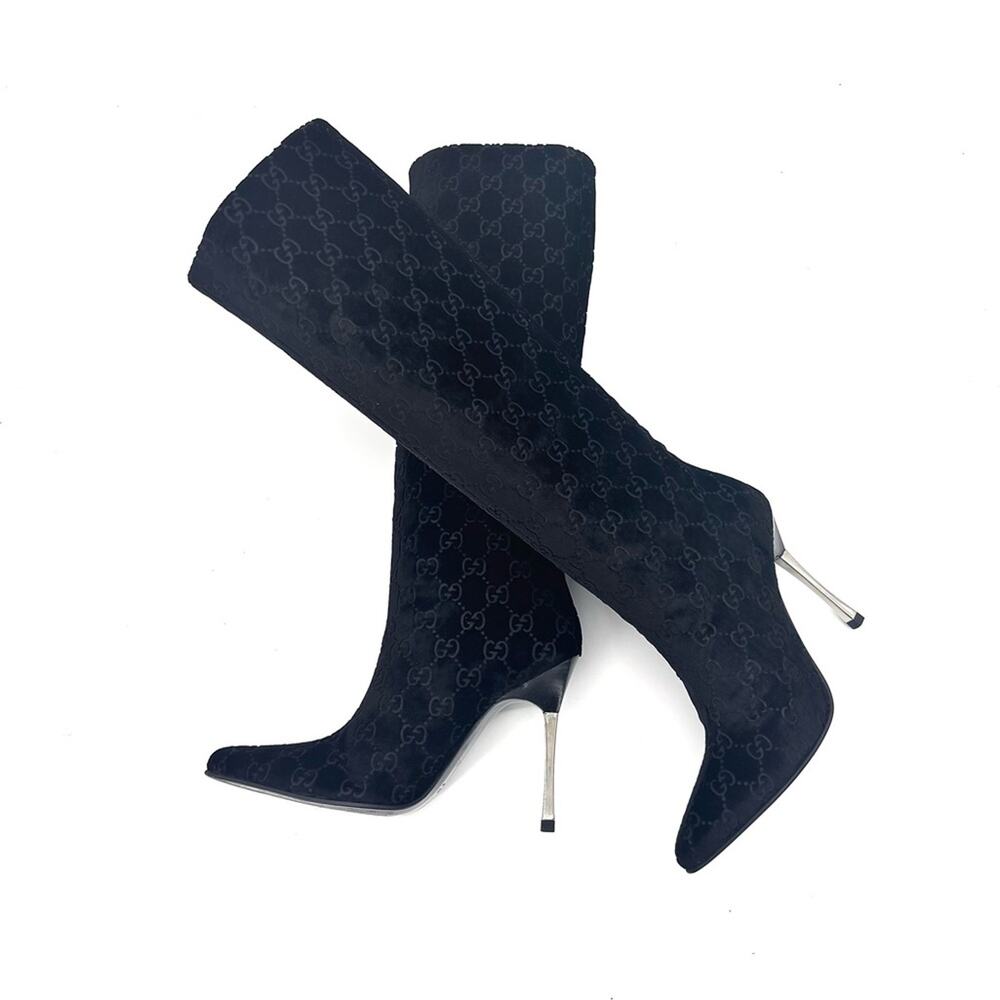 Gucci Tom Ford GG Monogram Velvet Black Knee High Pointed Toe Heeled Boots 6 - Picture 9 of 12